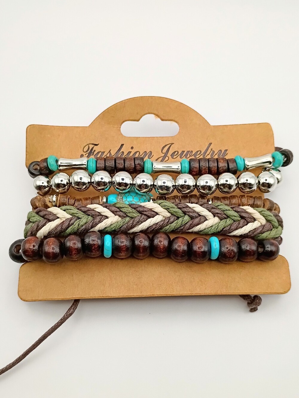 Men's Boho Wooden Turquoise Turtle Bead Stacking Bracelet Set